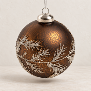 Copper Leaves Glitter Bauble - Glass - 8cm