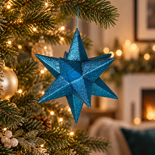 3D Blue Glitter Star Bauble - Lightweight Paper - 17cm