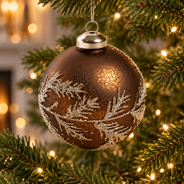 Copper Leaves Glitter Bauble - Glass - 8cm
