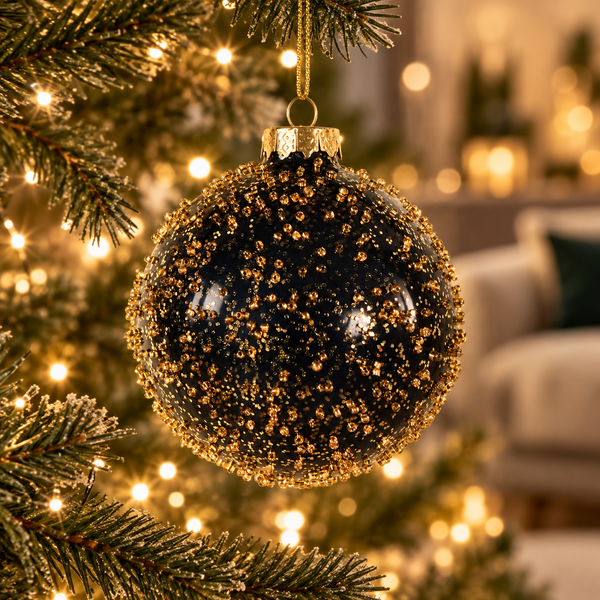 Chunky Gold Glitter Bauble - Black and Gold Glass - 8cm