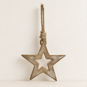 White Wash Wooden Star Decoration - 26cm