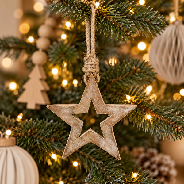White Wash Wooden Star Decoration - 26cm