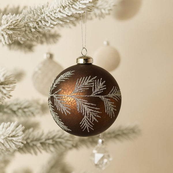 Copper Leaves Glitter Bauble - Glass - 8cm