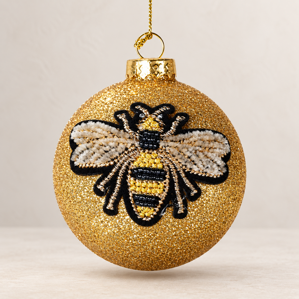 Gold Bee Glitter Bauble - Gold Glass - 8cm