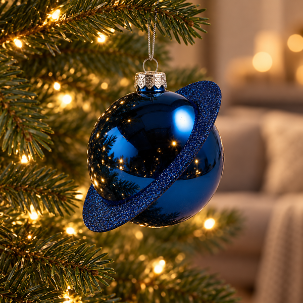 Blue Glitter Planet Bauble - Glass - 11cm