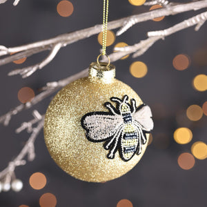 Gold Bee Glitter Bauble - Gold Glass - 8cm