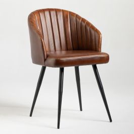 Wilson Dining Chair | Brown Real Leather Seat | Black Metal Base ...