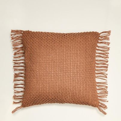 Vadella Square Cushion - Baked Earth Cotton - Knitted Tasselled Design - 45 x 45cm