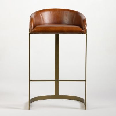 Spinningfields Bar Stool - Brown Real Leather Seat - Gold Base - 66cm