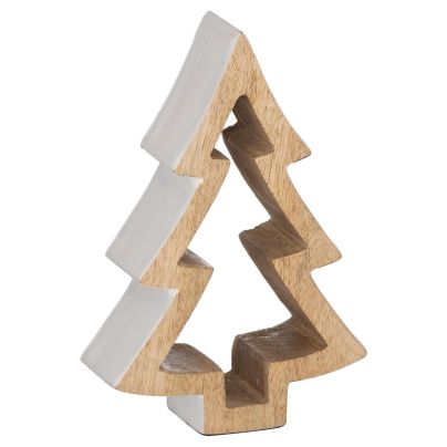 Christmas Decoration Tree - Wooden Standing Ornament - Snowy White Detail - 14cm