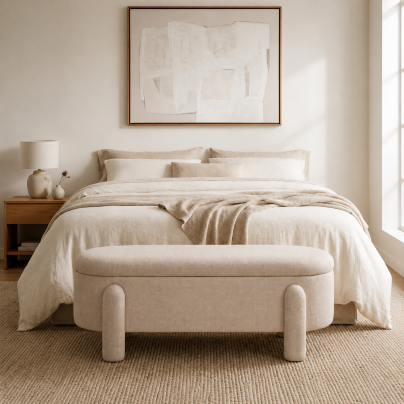 Hugo Storage Ottoman - Cream Fully Upholstered Bench