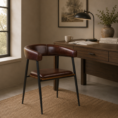 Captains Dining Chair - Coffee Brown Leather Seat - Black Metal Base