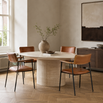 Chester Dining Chair - Smooth Tan Leather Seat - Black Metal Frame