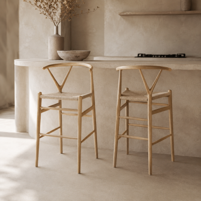 Wish Mid-Century Bar Stool - Natural Ash Frame - Natural Seat - 66cm