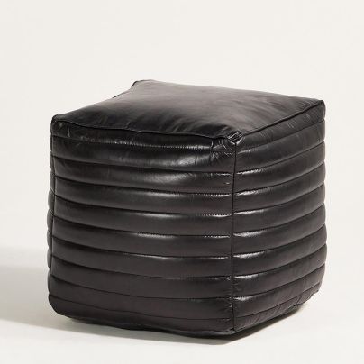 Square Pouffe - Black Ribbed Real Leather - 40 x 45cm