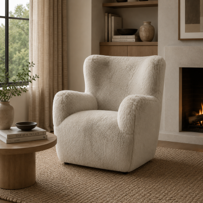 Lobo Armchair - Grey Faux Fur Accent Chair - Black Wood Feet