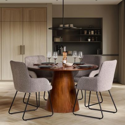 Dining Sets For 4 - Boucle Fabric Chair -  Round Pedestal Wood Table