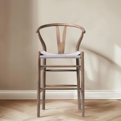 Wishbone Bar Stool - Weathered Grey Elm Frame - Grey Seat - 66cm