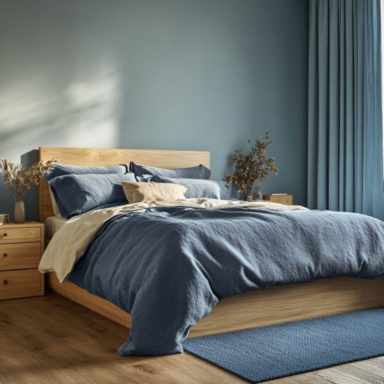 Denim Blue Muslin Cotton Bedding Set - King