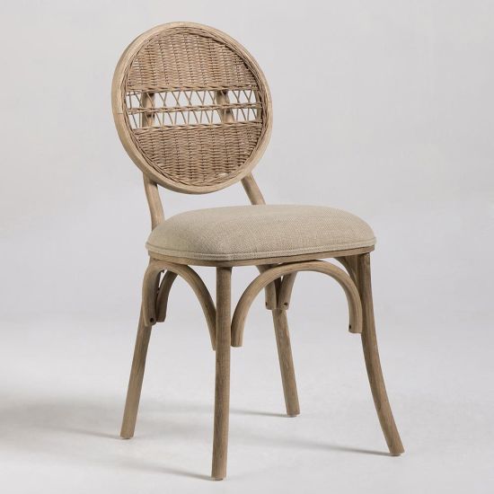 Loren Dining Chair - Fabric Seat - Rattan Round Backrest - Grey Elm Frame