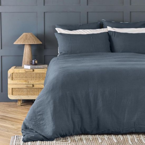 One Thirty Five Denim Blue Muslin Cotton Super King Duvet Cover & Pillowcase Set