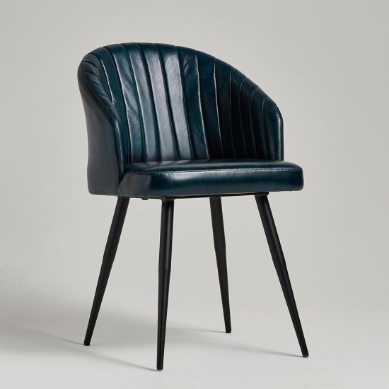 Wilson Dining Chair - Blue Real Leather Seat - Black Metal Base