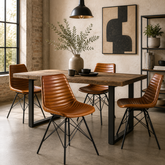 Cross Leg Dining Chair - Tan Ribbed Leather Seat - Black Metal Base