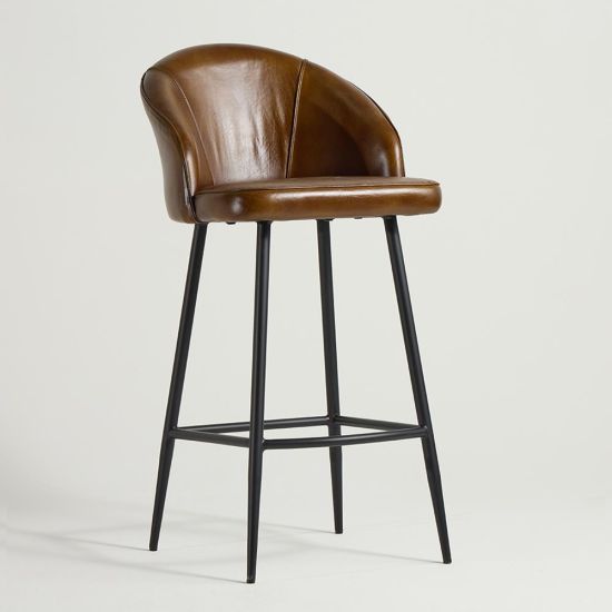 Ivy Bar Stool - Desert Tan Real Leather Seat - Black Base - 75cm