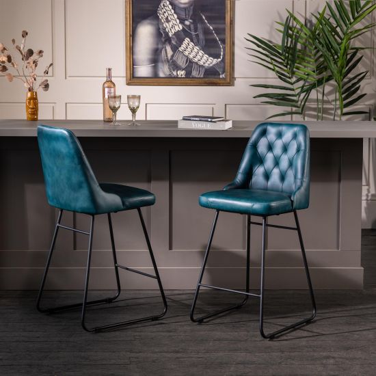 Hague Bar Stool - Blue Leather Seat - Black Metal Base - 66cm