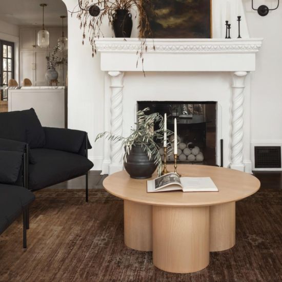 Sphere Blonde Coffee Table - Wood Grain Round Top - Curved Cylindrical Base - 80 x 40cm