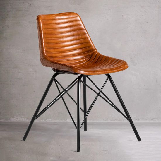 Cross Leg Dining Chair - Tan Ribbed Leather Seat - Black Base