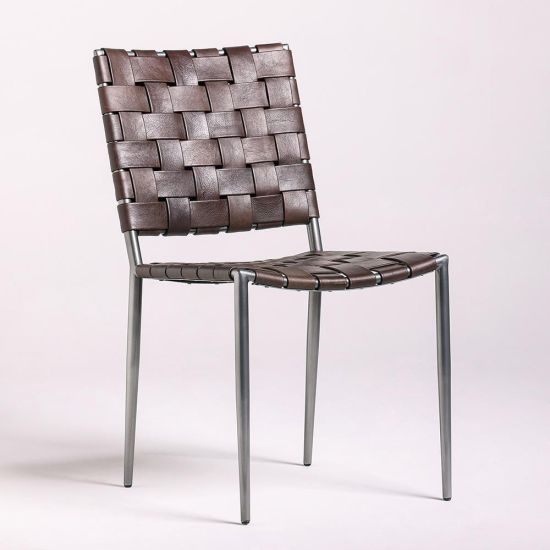 Hunter Dining Chair - Brown Real Leather Strap Seat - Nickel Metal Frame