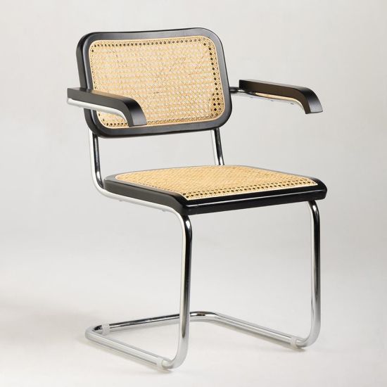 Cesca Inspired Armchair - Black & Natural Rattan Seat - Chrome Frame