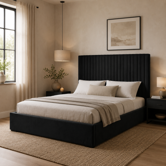 Luna Ottoman Storage Double Bed - Soft Black Velvet Frame - Tall Headboard