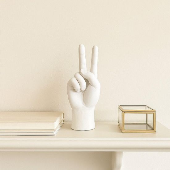 White Resin Hand Ornament - Peace Gesture Sculpture - 25.5cm