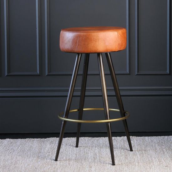 Crompton 75 Brown Leather Round Bar Stool with Pewter Coloured Frame and Brass-Finished Footrest.