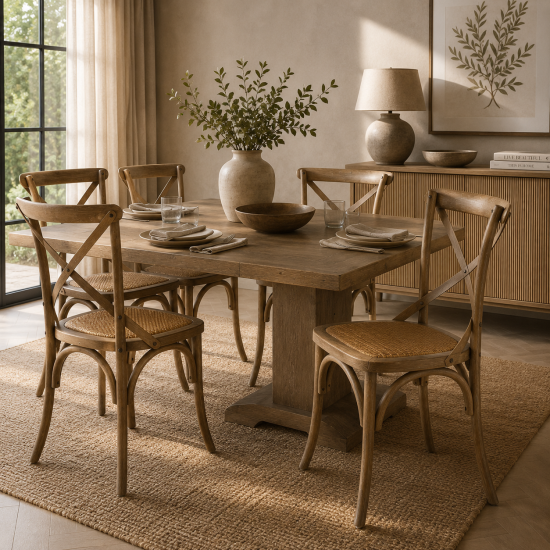 French Cross-Back Dining Chair - Rattan Seat - Weathered Elm Frame