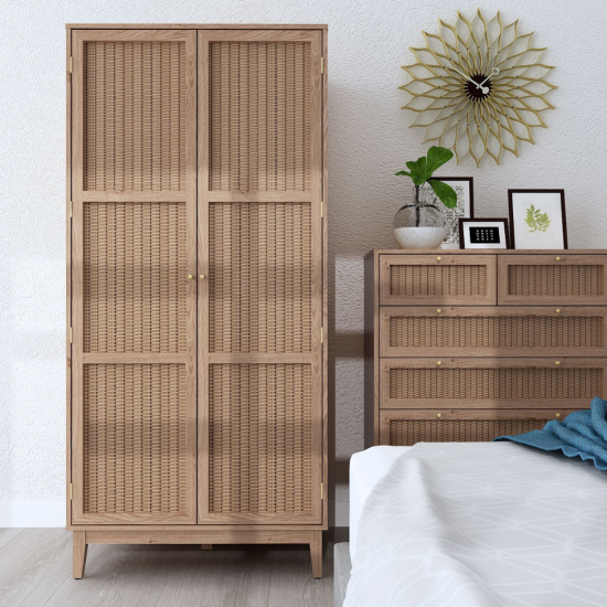 Lille Wardrobe - Weave Rattan 2 Doors - Oak Natural Wood Grain