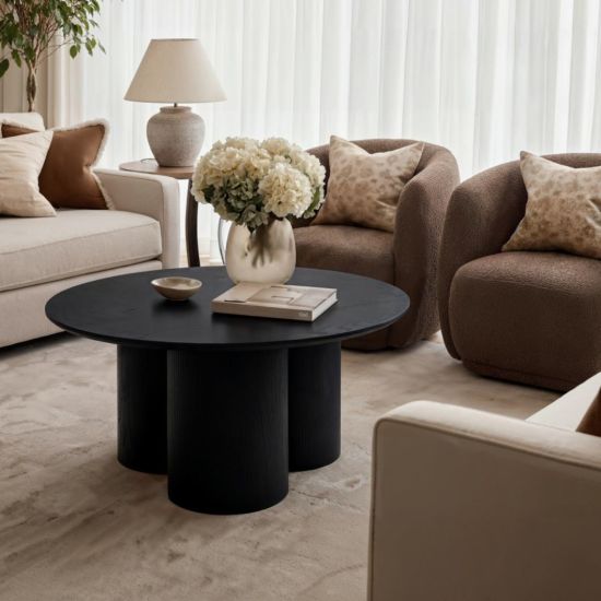 Sphere Black Coffee Table - Wood Grain Round Top - Curved Cylindrical Base - 80 x 40cm
