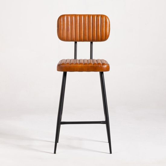 Memphis Bar Stool - Tan Real Leather Ribbed Seat - Black Base - 66cm