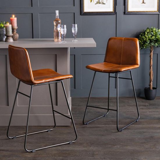 Richmond Bar Stool - Tan Leather Seat - Natural Metal Base - 66cm