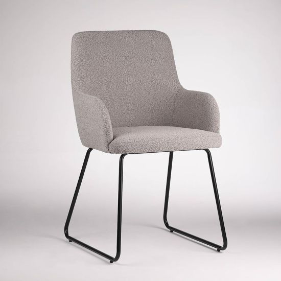 Grand Dining Chair - Light Grey Boucle Fabric Seat - Black Metal Base