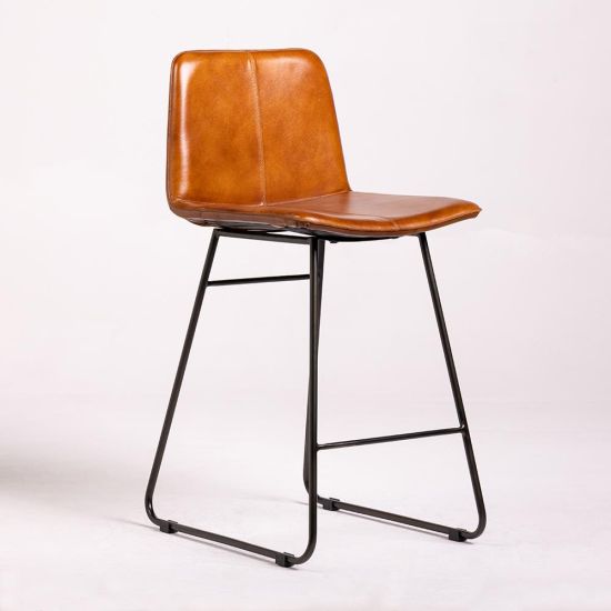 Richmond Bar Stool - Tan Real Leather Seat - Black Base - 66cm