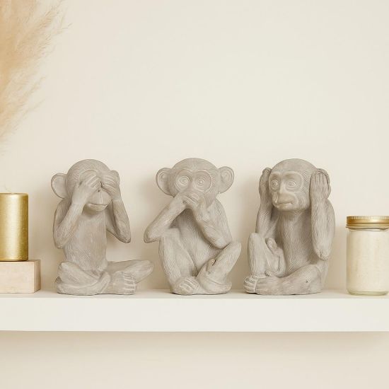 Set of 3 Grey No Evil Monkey Ornaments - Cement - 23cm