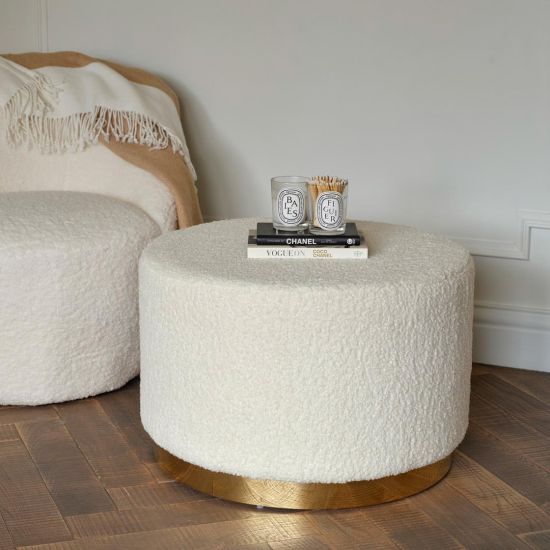Opal Round Pouffe - Cream Velvet Large Seat - Brushed Gold Base