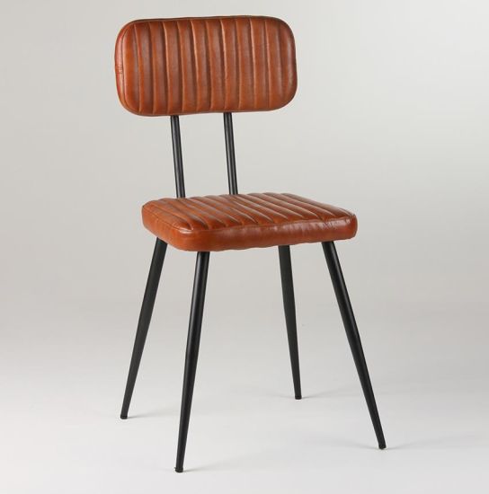 Memphis Dining Chair - Tan Real Leather Ribbed Seat - Black Base