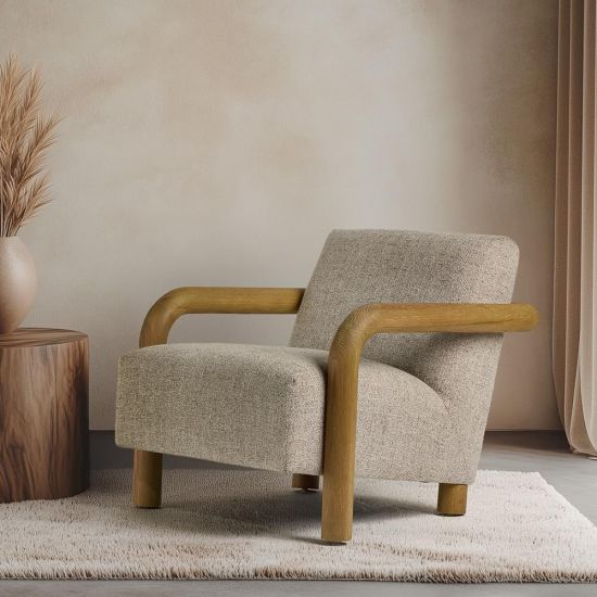 Hendricks Accent Chair - Specked Grey Linen Fabric - Solid Oak Frame