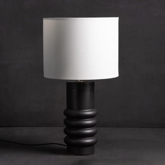 Kayle Table Lamp - Linen Light Shade - Black Ringed Ceramic Base - 59cm