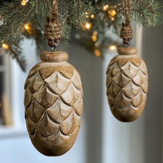 Christmas Decoration Bauble - Wooden Pine Cone - Antique White Wash - 10cm