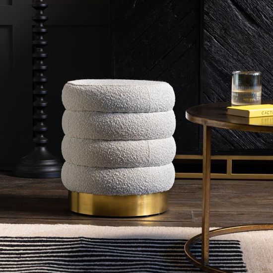 Eden Round Pouffe - Natural Boucle Pouf Seat - Gold Metal Base